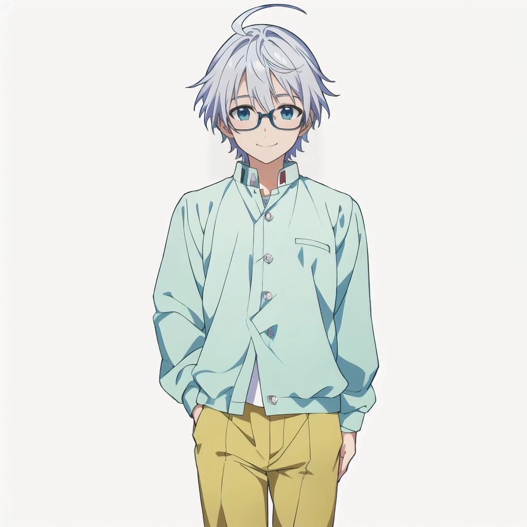 Highest quality, high resolution, High quality anime art style, Official Art, Smooth anime CG art, Stylized anime, Rendering of a young anime guy, Visual Novel Sprites, White background, whole body, Anime-style 3D, Smooth anime CG art, Humanoid Male, JRPG Characters, Anime boy with glasses and shirt, Neat hairstyle, Silver Hair, smile, 