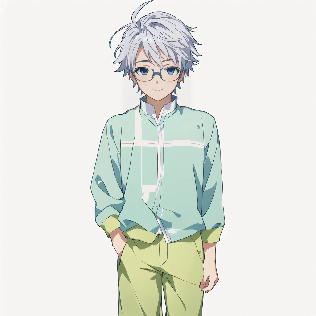 Highest quality, high resolution, High quality anime art style, Official Art, Smooth anime CG art, Stylized anime, Rendering of a young anime guy, Visual Novel Sprites, White background, whole body, Anime-style 3D, Smooth anime CG art, Humanoid Male, JRPG Characters, Anime boy with glasses and shirt, Neat hairstyle, Silver Hair, smile, 16 years old