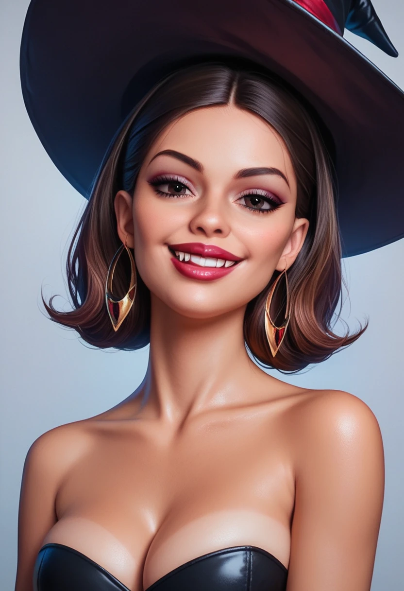 charming witch (selena gomez), bewitching bedroom eyes, thick lips, fanged smile, tanned tan skinned, vampiress, red lipstick, pink glossy lips, metallic eyeshadow, detailed face, slim body, smoky gaze