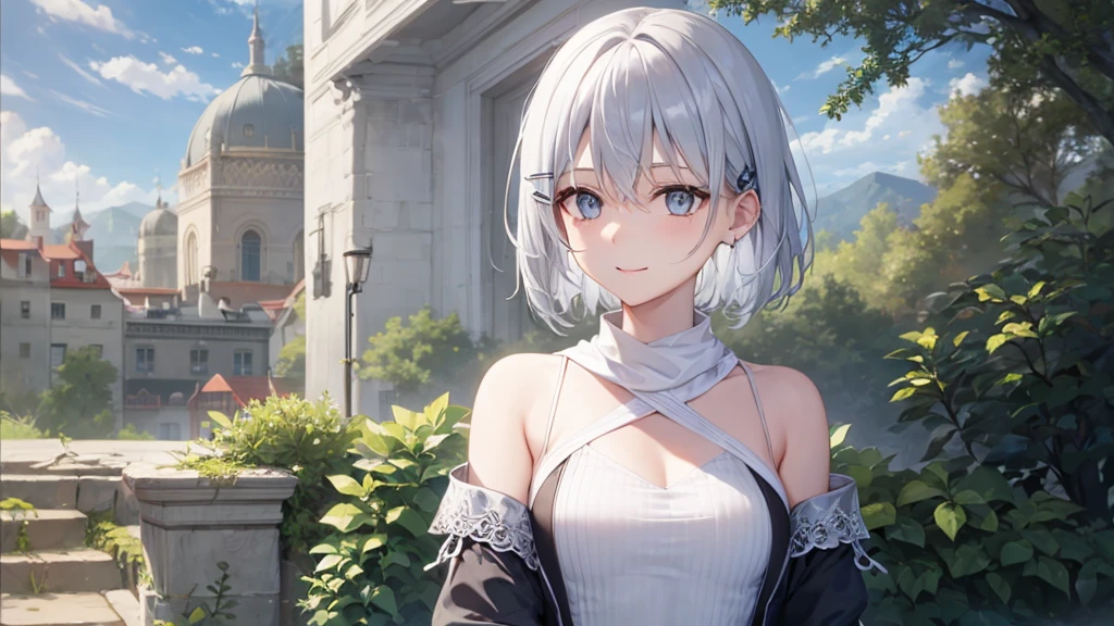 Her eyes were shining、Mysterious and enchanting atmosphere。With AI Painting、とてもShort Hair, Long bangs between the eyes, Very detailed,(masterpiece、Highest quality)、alone、Gray Hair、Fantasy, Silver Hair, Fantasyな風景、White shirt、smile、Open your mouth、Scarf、short hair、Short Hair、hairpin、black eye、Grey Eyes、Beautiful Eyes