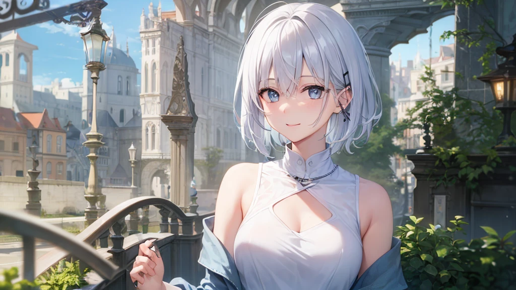 Her eyes were shining、Mysterious and enchanting atmosphere。With AI Painting、とてもShort Hair, Long bangs between the eyes, Very detailed,(masterpiece、Highest quality)、alone、Gray Hair、Fantasy, Silver Hair, Fantasyな風景、White shirt、smile、Open your mouth、Scarf、short hair、Short Hair、hairpin、black eye、Grey Eyes、Beautiful Eyes