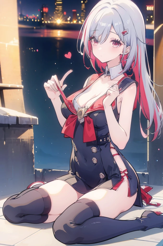 Anime Girls with white hair and red bow sitting on the ground, Sailor dress, Cute girl anime visuals, an Anime Girls, cute Anime Girls, , young Anime Girls, Anime Best Girl, (Anime Girls), pretty Anime Girls, White Hair Girl, beautiful Anime Girls, Anime Girls、White background、Full-body portrait、Brown boots、Red Eyes、Marine color dress、Knee-high socks