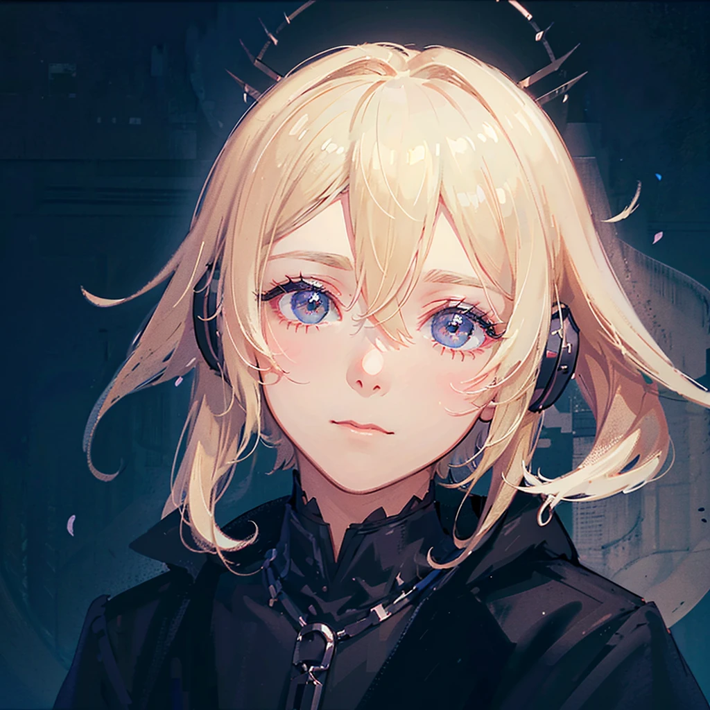 blonde boy、close do rosto、slickedback hair、shorth hair、soft lighting、photographic studio、White background、Look ahead、ID photo、Gothic、flowers around the face、ombre、with headphones from ear、tired expression、dark circles、