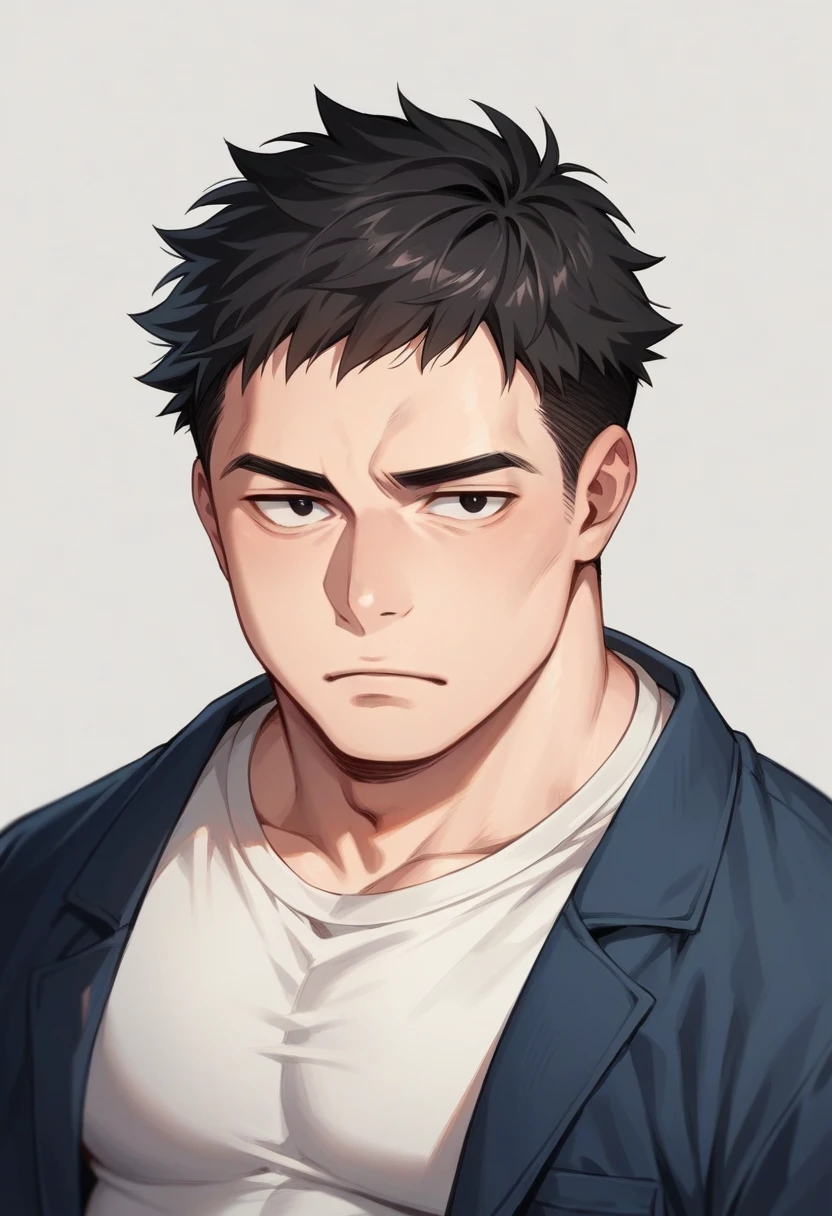 Portrait of a male face, black eyes and dull look, short black hair, chubby, Black lenses, student clothes manga version