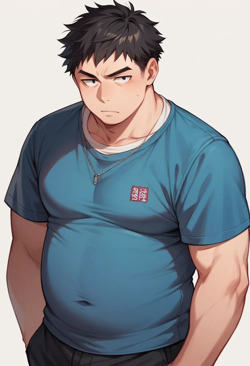 Portrait of a male face, black eyes and dull look, short black hair, chubby, Black lenses, student clothes manga version