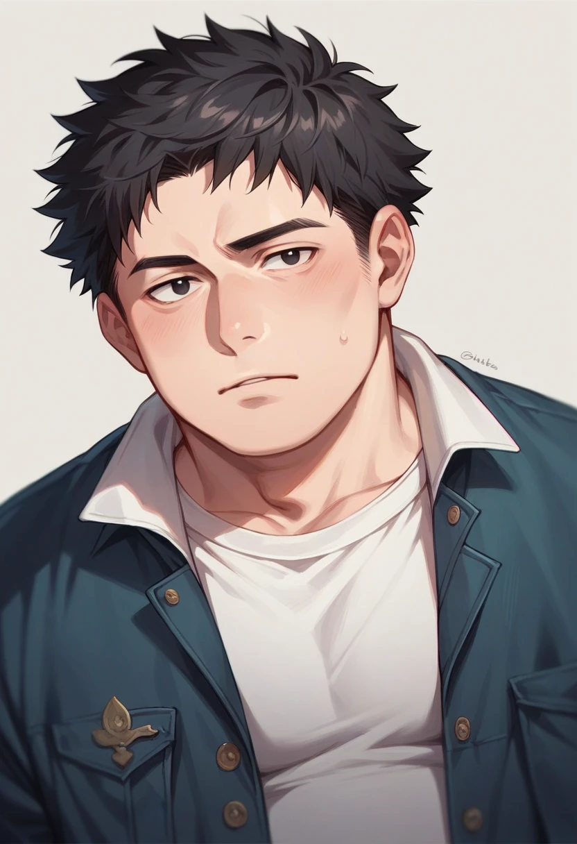 Portrait of a male face, black eyes and dull look, short black hair, chubby, Black lenses, student clothes manga version 