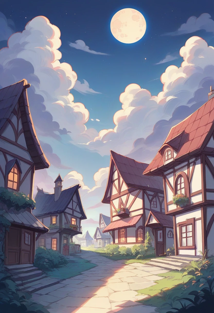 Animeted landscape, house, village, beautiful scenery, highly detailed, a village shop, night time, cloudy sky with moon, hd image, and anime world 