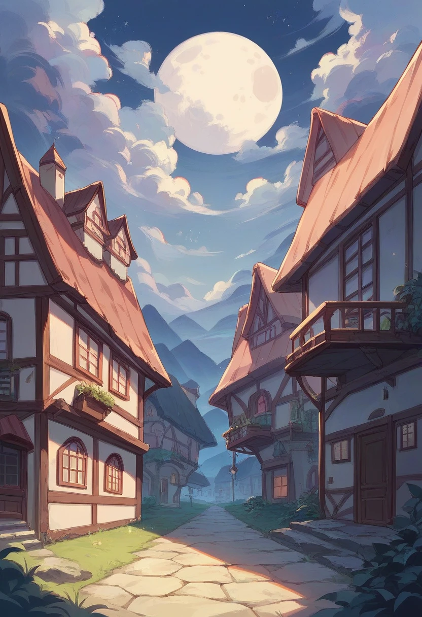 Animeted landscape, house, village, beautiful scenery, highly detailed, a village shop, night time, cloudy sky with moon, hd image, and anime world 
