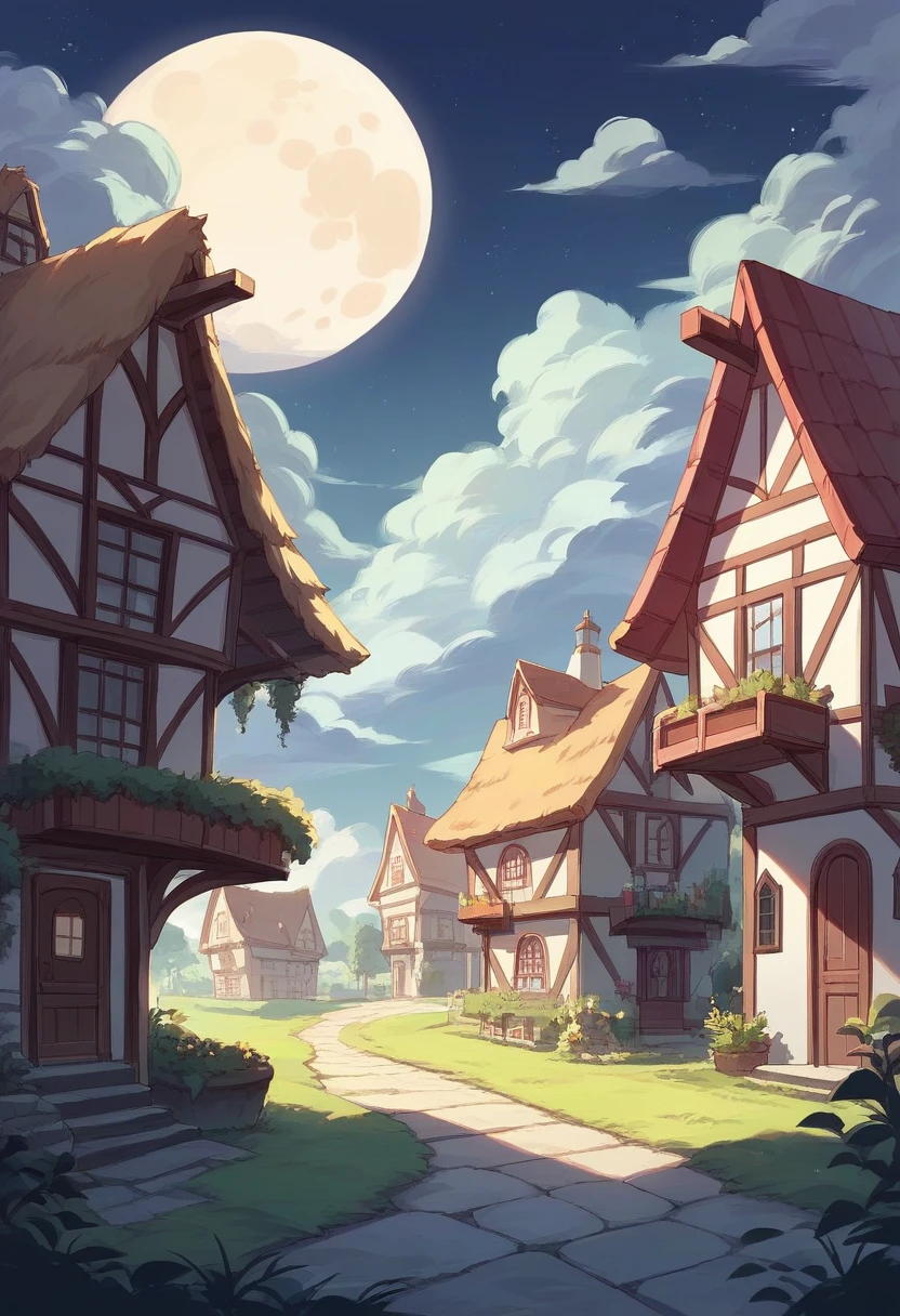 Animeted landscape, house, village, beautiful scenery, highly detailed, a village shop, night time, cloudy sky with moon, hd image, and anime world 