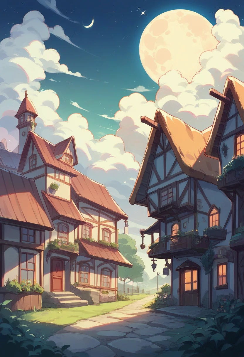 Animeted landscape, house, village, beautiful scenery, highly detailed, a village shop, night time, cloudy sky with moon, hd image, and anime world