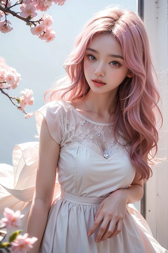 Light pink hair, pink eyes, pink and white, sakura leafs, vivid colors, white dress, paint splash, simple background, ray tracing, wavy hair
