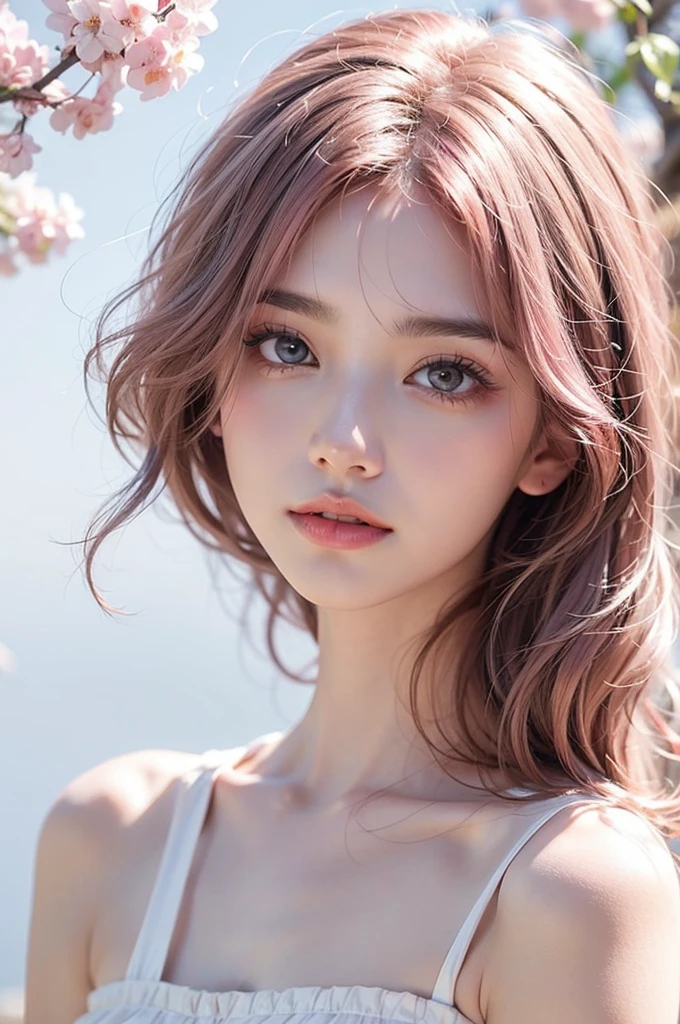 Light pink hair, pink eyes, pink and white, sakura leafs, vivid colors, white dress, paint splash, simple background, ray tracing, wavy hair