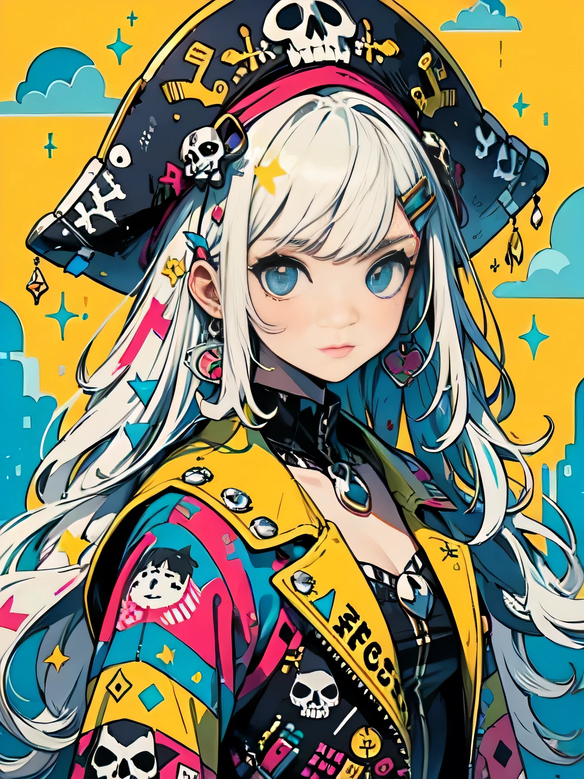 Black Star Red and White style、"cute, beautiful, Adorable girl wearing pink clothes, yellow, and baby blue color scheme. She is wearing a costume with a SKULL motif inspired by a female pirate.。.。.。.... stylish hat, Rock、Comes with decorative accessories such as hair clips. Embodying the vibrant and modern Harajuku fashion style。The background is a pirate ship