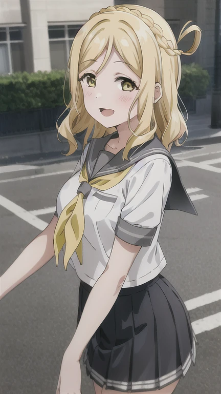 masterpiece, best quality, (1girl:1.2), solo, medium breasts, ohara mari, hair rings, blonde hair, yellow eyes, crown braid, medium hair, uranohoshi , , short sleeves, pleated skirt, white serafuku, neckerchief, grey skirt, grey sailor collar, tie clip, green neckerchief, street, city, happy  