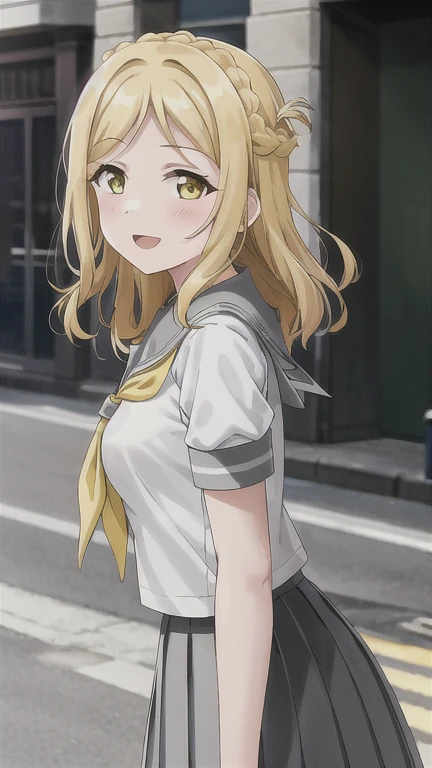 masterpiece, best quality, (1girl:1.2), solo, medium breasts, ohara mari, hair rings, blonde hair, yellow eyes, crown braid, medium hair, uranohoshi , , short sleeves, pleated skirt, white serafuku, neckerchief, grey skirt, grey sailor collar, tie clip, green neckerchief, street, city, happy  