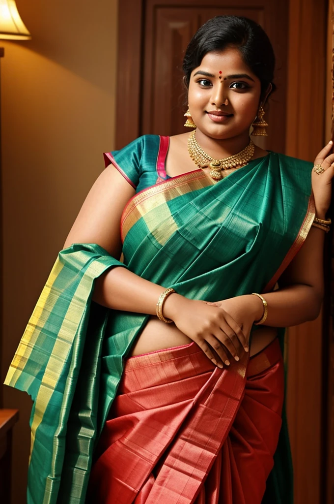 A fat girl in andhra style saree with short hair until shoulders