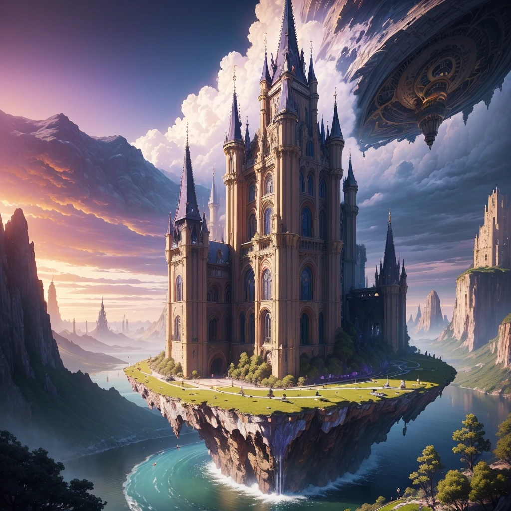 ((masterpiece)), Highest quality, (8K, Highest quality, masterpiece:1.2), Ultra-detailed, figure, Big Fantasy City, sf, Ether City, Floating city, Skyscrapers，Super huge waterfall，mysterious，Fantasy，Different world，Many planets in the sky, clouds around, Celestial architecture, Purple energy scars around, Huge castle in the center, Astral Sky