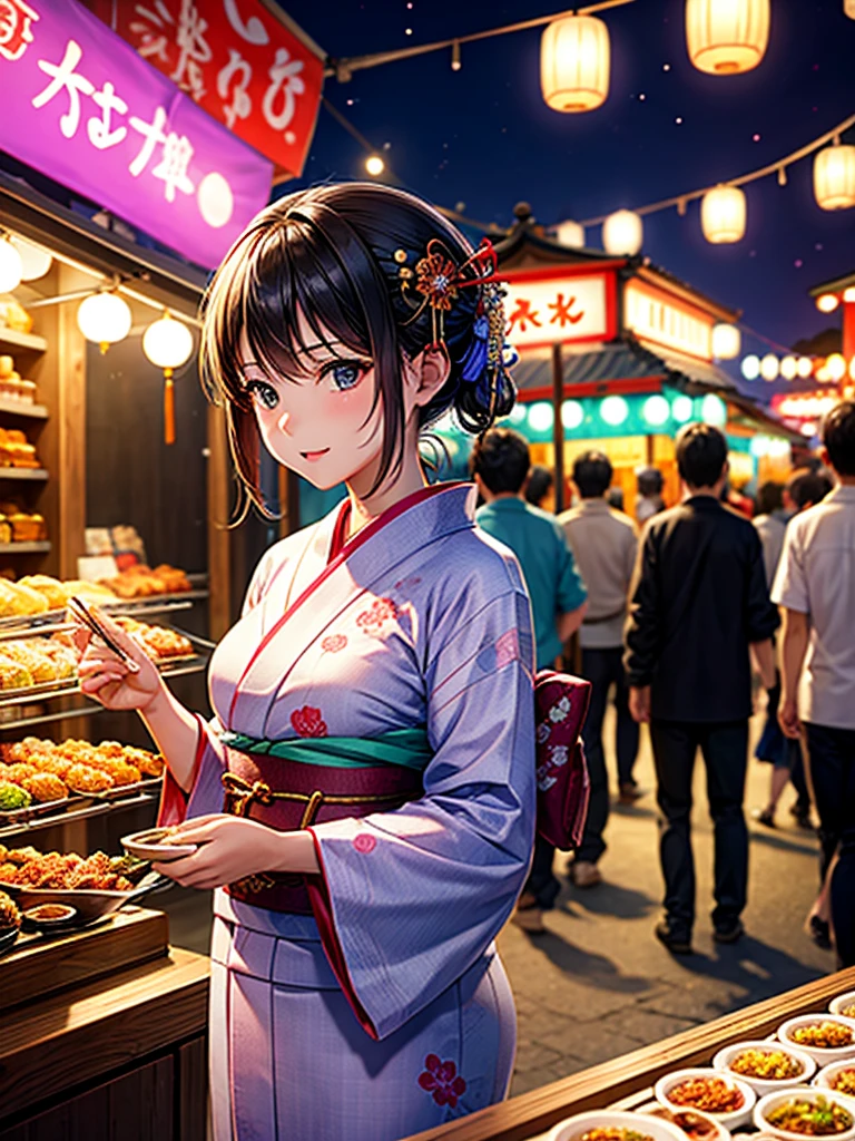 Highest quality,Highest Resolution,fair,Night Festival,shrine,Woman in yukata,Eat at street food stalls,Opening a store,Date,