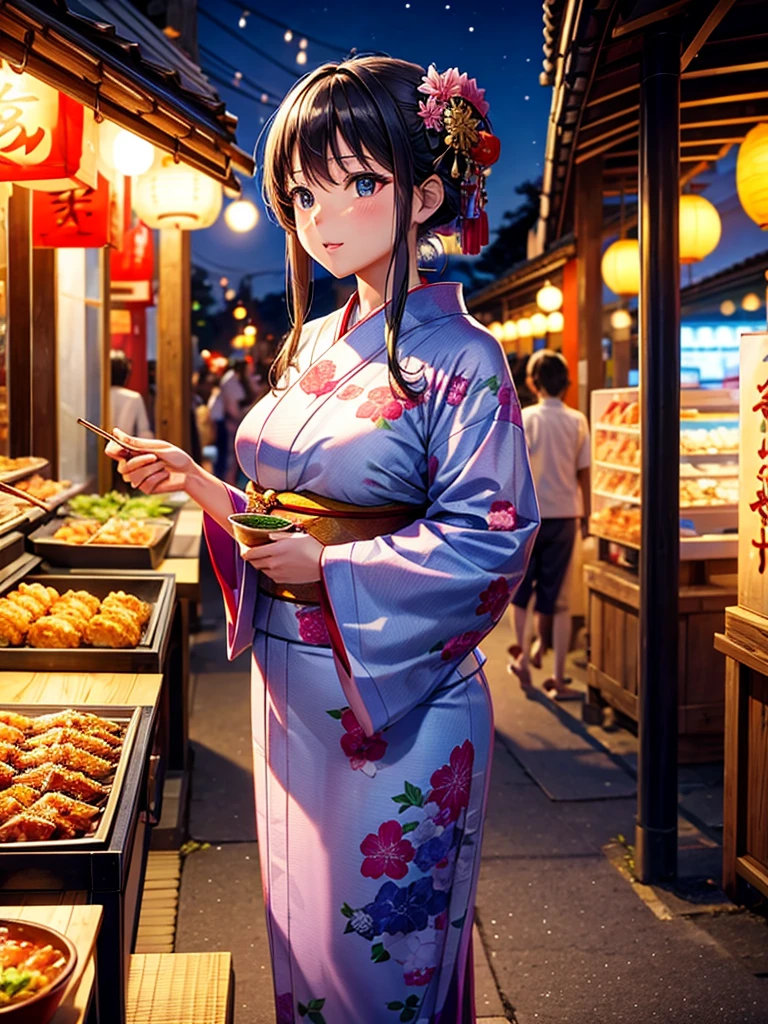 Highest quality,Highest Resolution,fair,Night Festival,shrine,Woman in yukata,Eat at street food stalls,Opening a store,Date,
