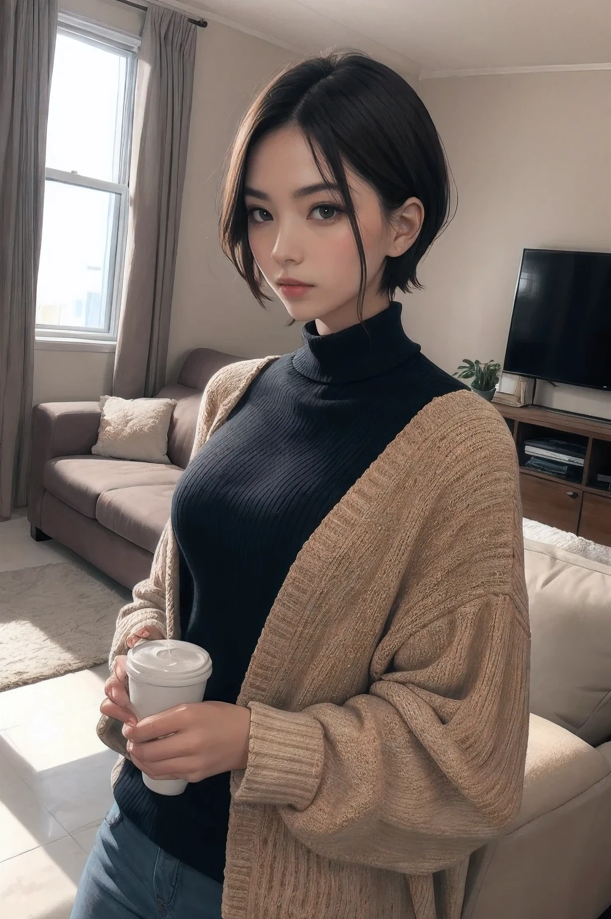 handsome female short hair ,living room