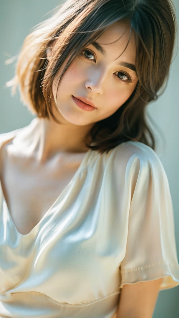 (Random Nationality):1.5, masterpiece, highest quality, 8k, 20th Generation, (:1.2), cute, alone, sad, close, cute, Girlish, Delicate girl, Pure beauty,  RAW Photos, Professional photography, Portraiture, Soft Light, Professional Lighting, Backlight, Upper Body, avert your eyes, Sophisticated, Film Grain, (Eyes and facial details:1.0), Beautiful straight hair, Random length hair swaying in the wind, Silk blouse,