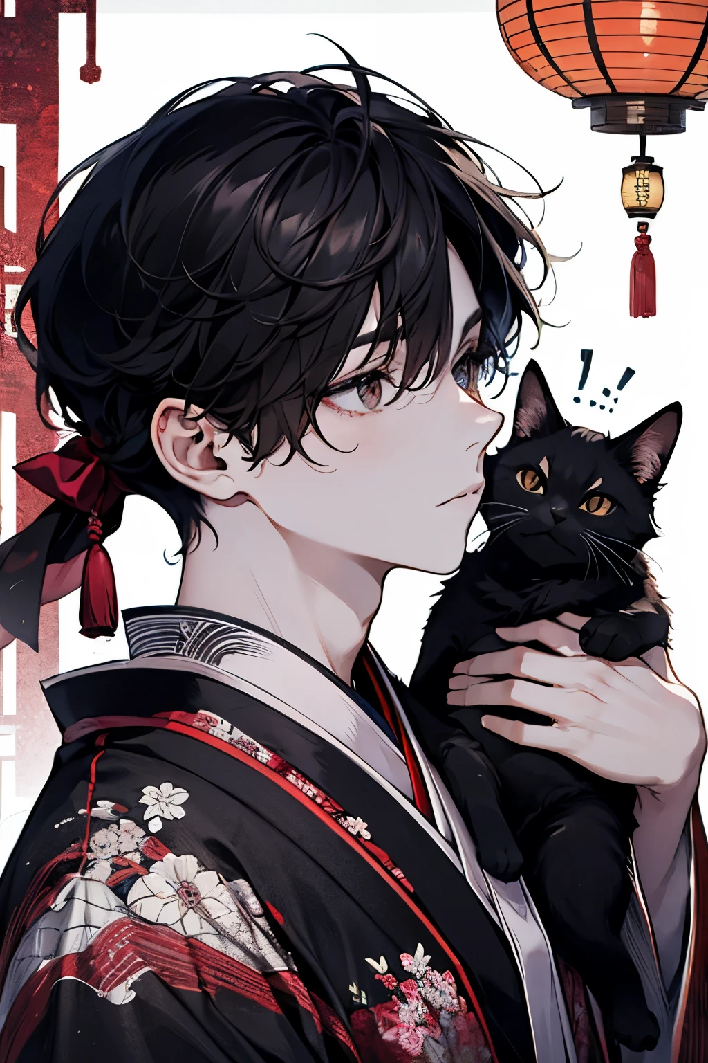 A handsome young man celebrates the New Year in a traditional Japanese setting. The moment just before he picks up a black cat and kisses it. A quiet garden covered with snow. The garden has a small pine tree and a stone lantern covered with snow, softly illuminated by the early morning light of the New Year. His features are smooth black hair, styled in a classic style, and deep brown eyes that reflect the hopeful beginning of the New Year