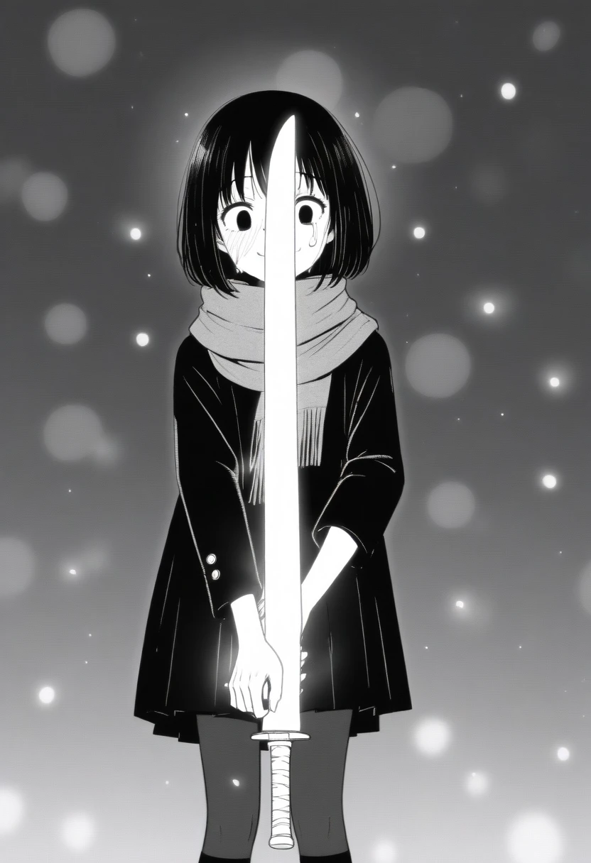 masterpiece, best quality, 1girl, mamerakkkkko, grayscale, manga style, japanese, chi no wadachi, black eyes, street, iced, black hair, schoolbag, smile, lineart, black coat, black scarf, black pleated skirt, leggings, centered, 18 years old, tall, fair skinned, bokeh background, crying, tears, tears streaming, bob cut, light particles, snowing, (((holding sword:1.5, perfect hand, detailed hand:1.1)), emotional anime scene
