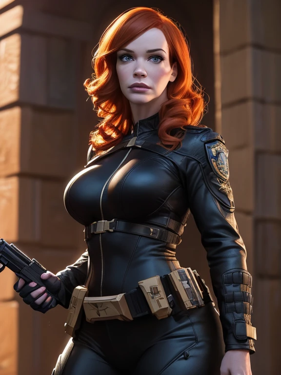 Christina Hendricks as an action hero, alluring 48 year old woman, High-quality facial research of Christina Hendricks, (Christina's sculpted cheekbones and slight wrinkles around the face), High-quality detailed research of Christina Hendricks voluptuous figure. ((aiming at the viewer with a gun)), skin-tight black leather suit, utility belt, two pistols, ((holding a handgun)), (((decent looking gun)))). Dramatic lighting,high contrast,highly saturated colors,shadows and highlights,comic-book style,action-packed scene, epic artistic, sharp focus, even lighting, insane details, intricate details, hyperdetailed, rich colors. The 4k textures showcases the utmost level of detai
