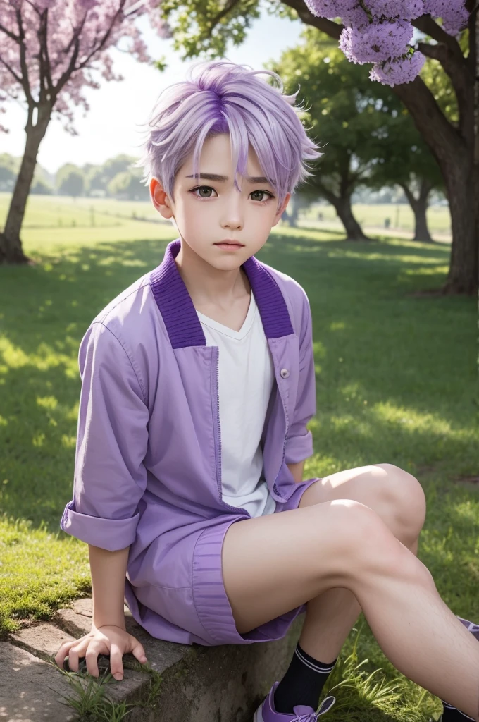 Make a boy with purple and white hair, sitting under a tree