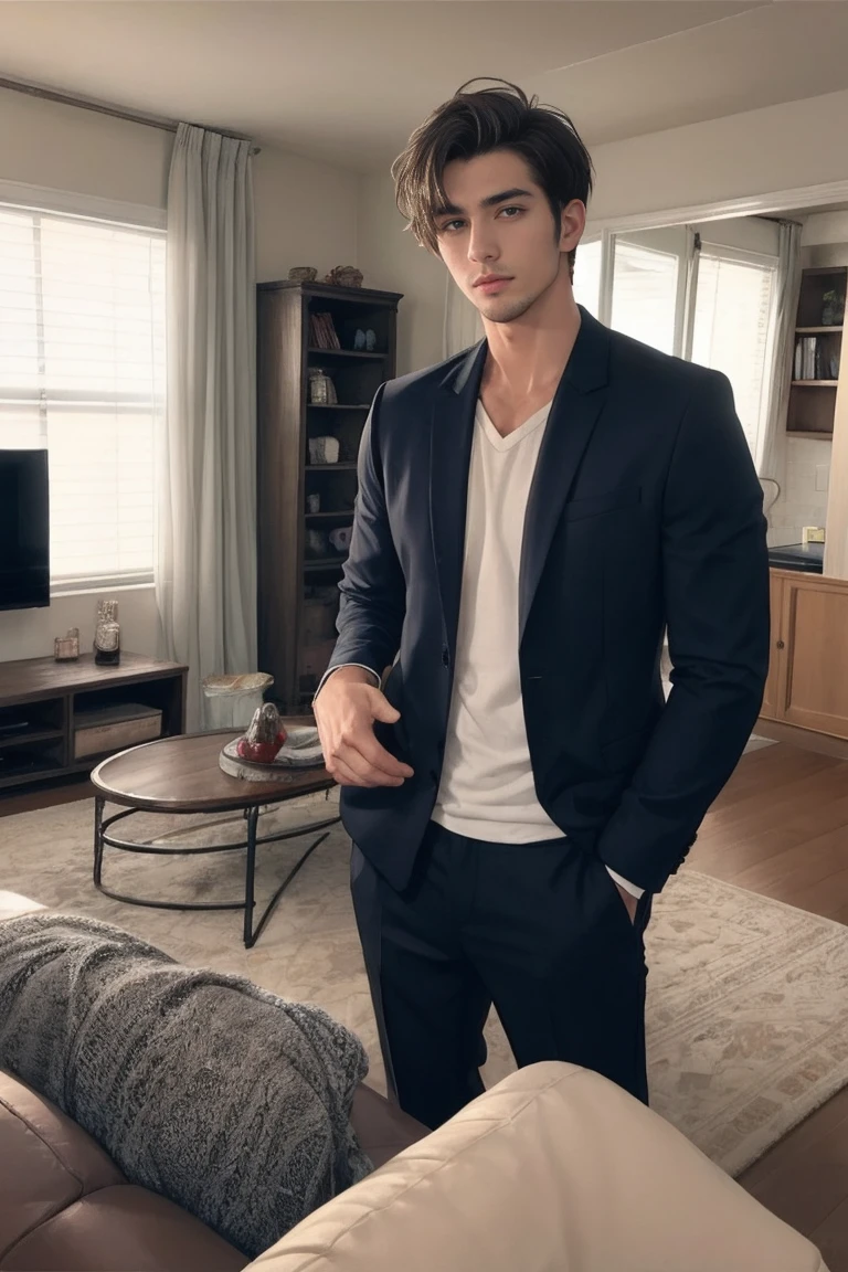 handsome men short hair ,living room