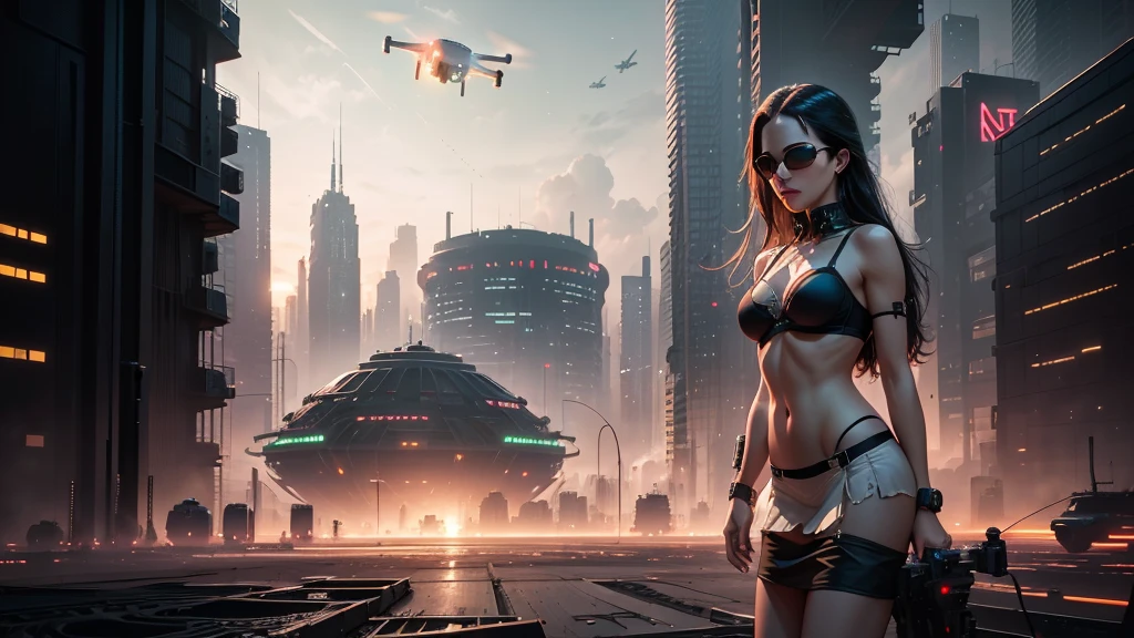 20-year old large-breast woman with cleavage:1.4, 1woman, solo, 3D neon art of a woman's body, (with low angle view), (((((matrix style black micro sunglasses, black bra and very short black miniskirt, white G-string panty))))), (((aiming with a short gun))), (looking at camera), aerial view of blade runner neon-noir city background, (((Matrix cascading code))), (((1drone alone above city))), perfect composition, beautiful detailed intricate insanely detailed octane render trending on artstation, 8K artistic photography, photorealistic concept art, soft natural volumetric cinematic perfect light, chiaroscuro, award-winning photograph, masterpiece, oil on canvas, Raphael, Caravaggio, Greg Rutkowski, Beeple, Beksinski, Giger