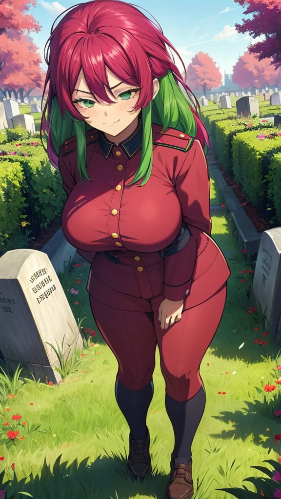 High detailed, 1 anime girl, magenta hair, embarassed expression, deep green eyes, 2 toned hair, large hair, large smile, soviet uniform, big And round buson, full body large graveyard in background, chunky body, walking pose