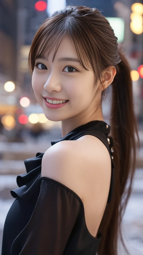 1 girl, (Wearing a black blouse:1.2), Beautiful Japanese actresses, (ponytail:1.3),
(RAW Photos, Highest quality), (Realistic, Photorealistic:1.4), masterpiece, 
Very delicate and beautiful, Very detailed, 2k wallpaper, wonderful, 
finely, Very detailed CG Unity 8K 壁紙, Very detailed, High resolution, 
Soft Light, Beautiful detailed girl, Very detailed目と顔, Beautiful and detailed nose, Beautiful and detailed, Cinema Lighting, 
break
(Snowy night cityscape as background 1.3), City lights, 
Perfect Anatomy, Slender body, smile, Face the front completely, Looking at the camera