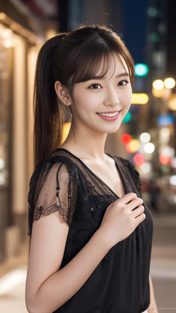 1 girl, (Wearing a black blouse:1.2), Beautiful Japanese actresses, (ponytail:1.3),
(RAW Photos, Highest quality), (Realistic, Photorealistic:1.4), masterpiece, 
Very delicate and beautiful, Very detailed, 2k wallpaper, wonderful, 
finely, Very detailed CG Unity 8K 壁紙, Very detailed, High resolution, 
Soft Light, Beautiful detailed girl, Very detailed目と顔, Beautiful and detailed nose, Beautiful and detailed, Cinema Lighting, 
break
(Snowy night cityscape as background 1.3), City lights, 
Perfect Anatomy, Slender body, smile, Face the front completely, Looking at the camera