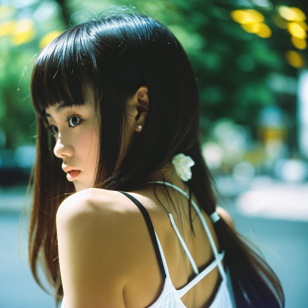 Kodak ULTRAMAX 400, 35mm film photo, cool fashionable japanese woman, emotional photo, single focal length lens, portrait, Japanese photography style, Photo-detailed portrait style, upper body rear facing photo, beautiful shining straighthair