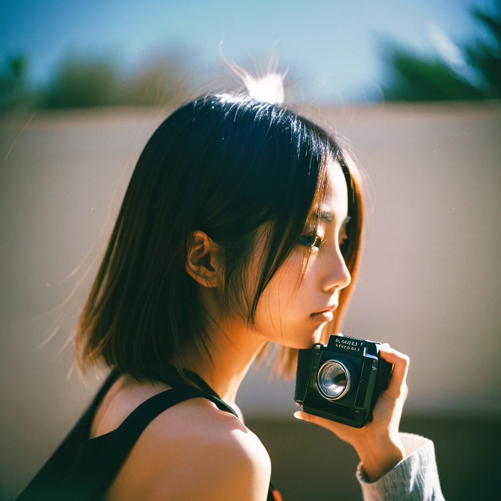 Kodak ULTRAMAX 400, 35mm film photo, cool fashionable japanese woman, emotional photo, single focal length lens, portrait, Japanese photography style, Photo-detailed portrait style, upper body rear facing photo, beautiful shining straighthair