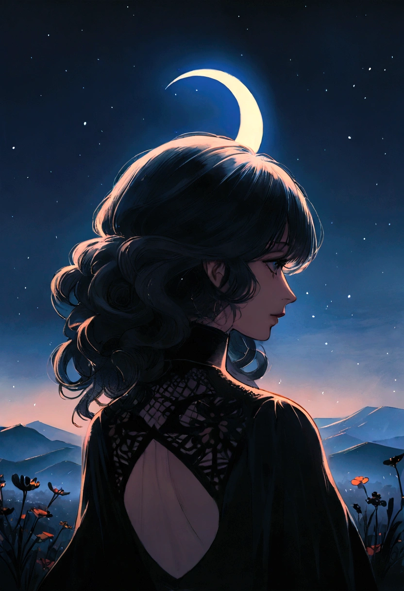 a black woman with long curly hair, just part of the silhouette, walking on the road with realistic mountains look, drizzle, Chuva fina, night with stars and crescent moon in the upper left corner, flowers in the corners, high resolution, cinematic lighting, artgerm extremamente detailded, high-quality portrait, (detailded) (Chuva fina) (back woman) (Walking forward) (extremamente detailded)