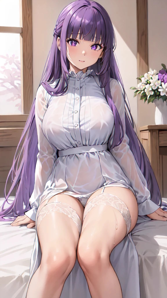 masterpiece, Highest quality, High resolution, Arfern, Long Hair, Purple Hair, Blunt bangs, Purple eyes, Large Breasts, (Long dress), (White Dress:1.3), (Long sleeve), Sitting,(open cloth),arm behind head,wet cloth, Bedroom,(Puffing one's cheeks), Cowboy Shot,(See-through:1.1),(Underwear standing:1.3)