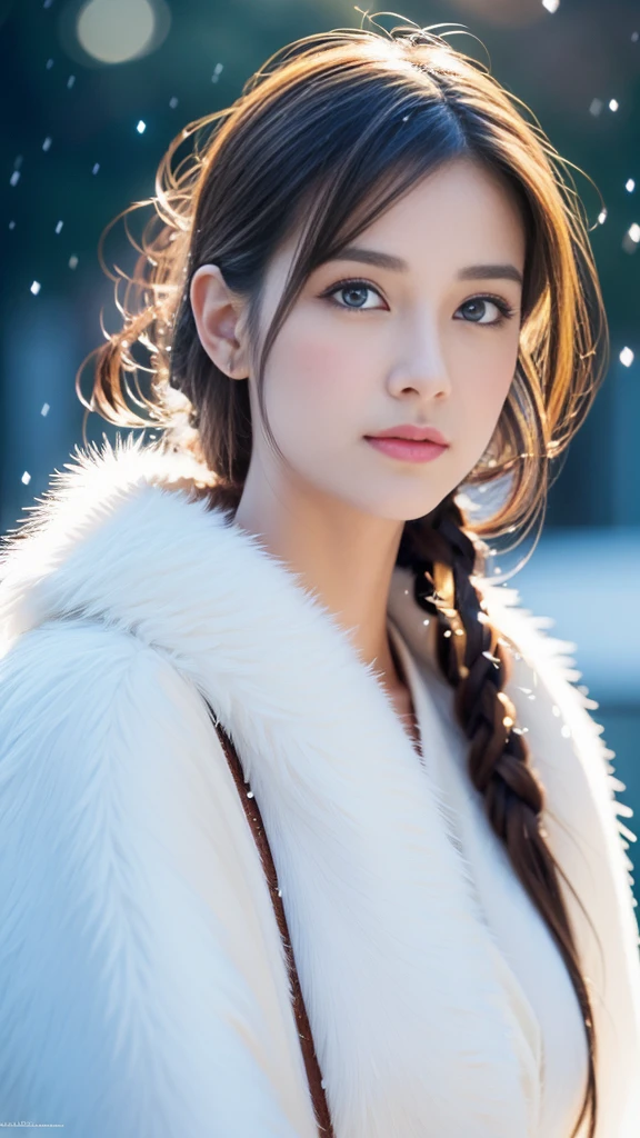 (highest quality, 8k, 32K,details are very clear),Realistic, High resolution, 1 Japanese Women, alone, (ta Costume),Gorgeous costumes,Facing the audience,(Upper Body,Upper limbs), Beautiful Eyes, brown hair, Ring-shaped eyes, (outside,Heavy snowfall,thick fur cape,Cover with snow),Snowfield,blue eyes,highest qualityのイラスト,Detailed facial features