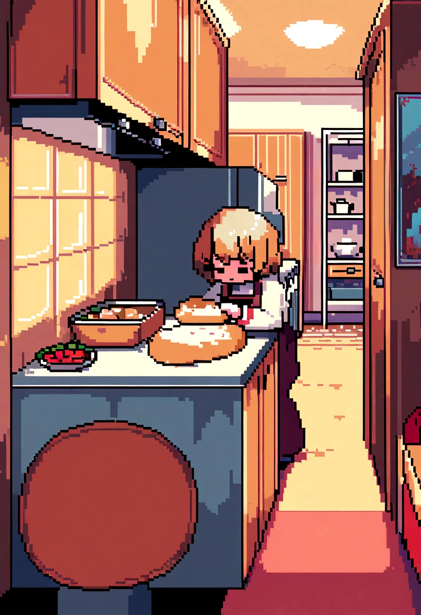 (Best Quality,high resolution), pixel art, vibrant colors, nostalgic atmosphere, Immersive gameplay, 16-bit graphics, pixel perfect controls, grandmother making bread, kitchen
