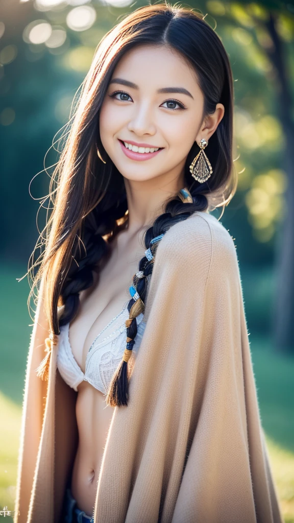 (((32k,Very high resolution, Attention to detail, Very accurate,Masterpiece Girl 1))),RAW Photos & Realistic atmosphere,Beautiful dark blue eyes,Mouth details,Glossy lips,Fine eyebrows,Soft white skin that shines in every detail,,Detailed drawn eyes、Very beautiful eyes with blue pupils,Detailed lips、Very beautiful face,Very well-formed face、A vivid face,Beautiful, shining lips,Beautiful Eyebrows,Infinite Reality,Best Design,（めちゃくちゃ可愛い地味で控えめな日本の18Ageの女の子,,Toned body,Perfect gal leader model,Beautifully shaped breasts,Very cute beautiful girl,Girl：1.5）,The best natural makeup,Japanese Ido,Korean Idol,Young sensual idol,Watery eyes,Dark and beautiful eyes,Beautiful ass,Beautiful feet,,Camel foot,：1.3),超A high resolution、,Natural and realistic faces,Backlight,Her pure eyes are so cute,(((Photorealism,Photograph the whole body))),,Reality Live Action,（Simple Earrings,necklace,nail art,Colorful poncho,Camping Fashion,Blonde and blue braided hair,独奏,,Smiling faintly,Esbian all over：1.7）,（Showing off full-body fashion,Shining brightly１５Age ,Outdoor hats,Camping night bonfire,Hiking boots：1.8）,（Intense and beautiful tattoo art on the neck：1.9）