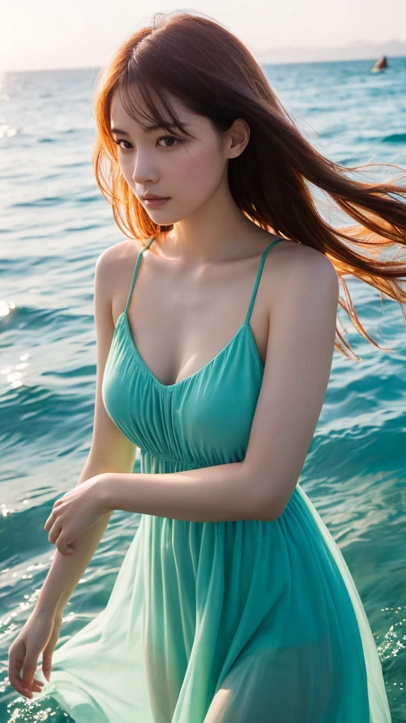(masterpiece, Highest quality), ((woman, alone, Long Hair)), Ishmael_horn, Innocent look, Bare arms, Expose your shoulders, Bare neck, watercolor, Sundress, Liquid clothing, water, Wave, water dress, green_theme, night, mist, dark, Sharp focus, Ocean, See-through dress, Orange Hair