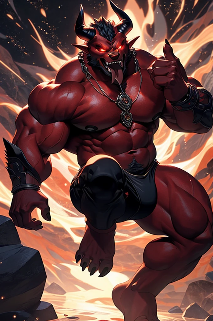 infernal demon, eyeballs, defined body muscles: 5.0, barebody: 100%, very excited, voluminous, big bulge, giant black tongue sticking out,attractive view, Great demon tail, serious look and expression, terrifying, in hell, right hand on big penis excited and cumming with white goo, lying in the bed, Large testicle, maximum detail, back-illuminated, 4K, Red-skinned male demon ,dreamy background,LOTUS POSITION,Put your palms together,legs spread open, of a shirt thong,nipple bump,Big balls and hems,(penile erection:3.5),A masterpiece of veiny skin, golden sanskrit ,kindness, Limitless light,Magnificent background ,octane rendering,gorgeous features,eyeballs lindamente detalhados,intricate skin,face detailed,perfect skin texture,extremely details,full body view,cinematic lighting,professional lighting,centred, looking at the camera in,8K,shooting with Hasselblad X1D-50, Maximum focus, Depth of field, perfect lighting, quality of Light particles),(work of art),(ultra detaild),sharp focus,Light particles,