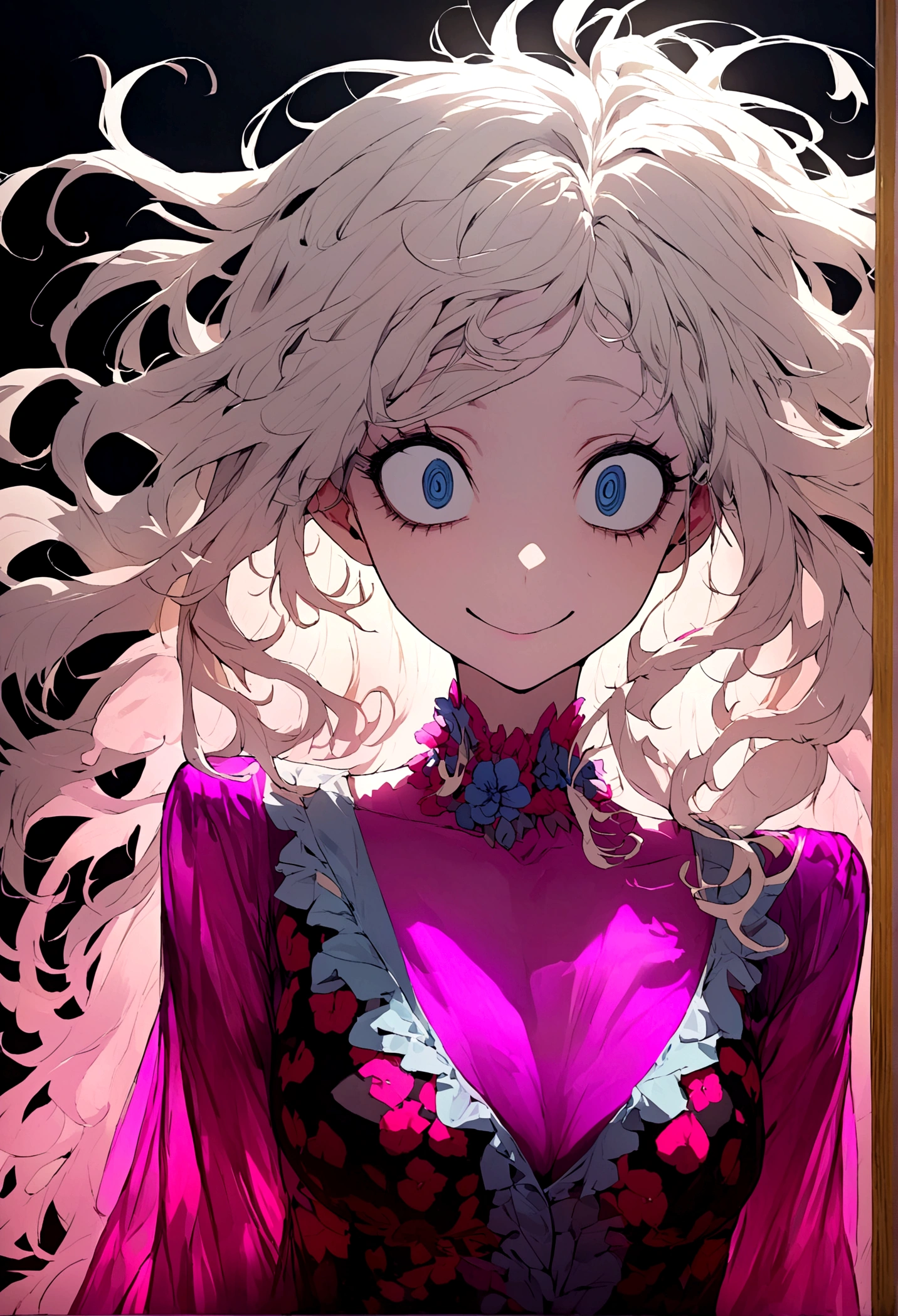 Create an image of a stunningly beautiful Psychotically crazy girlfriend, Stunningly gorgeous perfect face, big smile, large crazy eyes, dilated pupils, long messy hair, psyco clothes, 