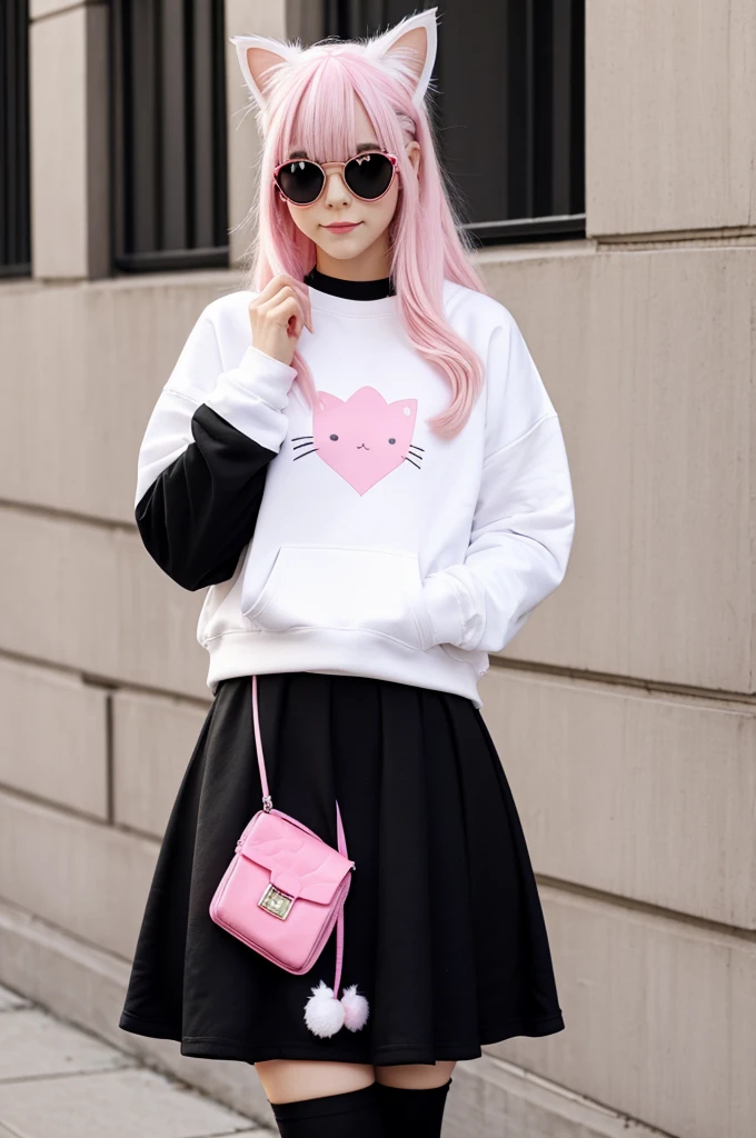 I have white pink hair, cat ears, a bun, my face is super blushing, black glasses, pink heart eyes, a big pink sweatshirt, a black skirt, black stockings, white shoes, a cat's tail, a girl. Very shy