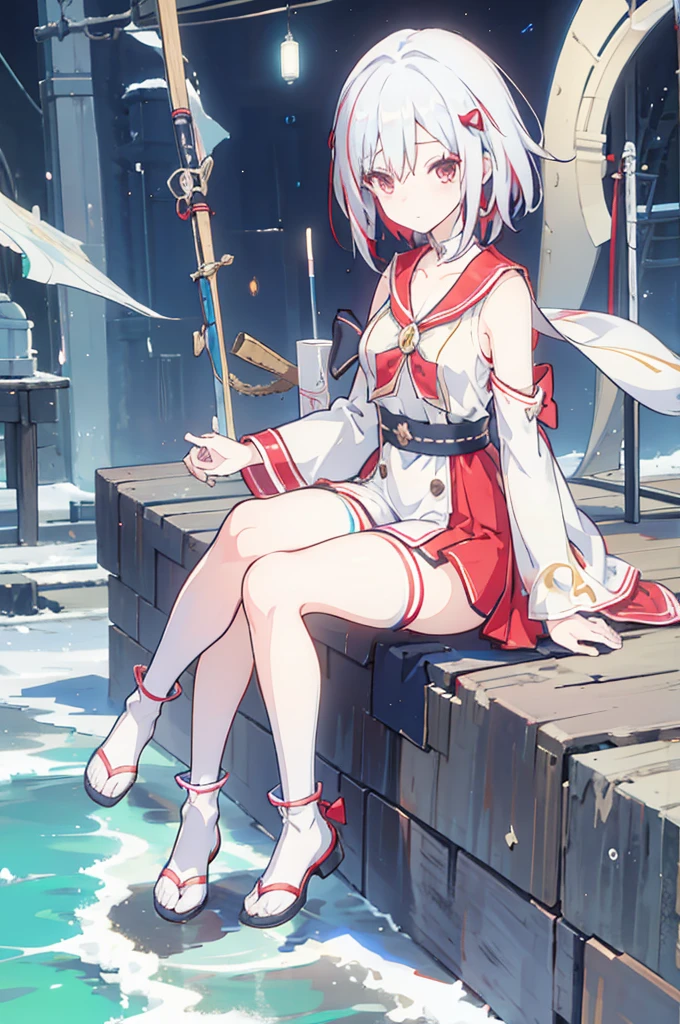 Anime Girls with white hair and red bow sitting on the ground, Sailor dress, Cute girl anime visuals, an Anime Girls, cute Anime Girls, , young Anime Girls, Anime Best Girl, (Anime Girls), pretty Anime Girls, White Hair Girl, beautiful Anime Girls, Anime Girls、White background、Full-body portrait、Brown boots、Red Eyes、Marine color dress、Knee-high socks