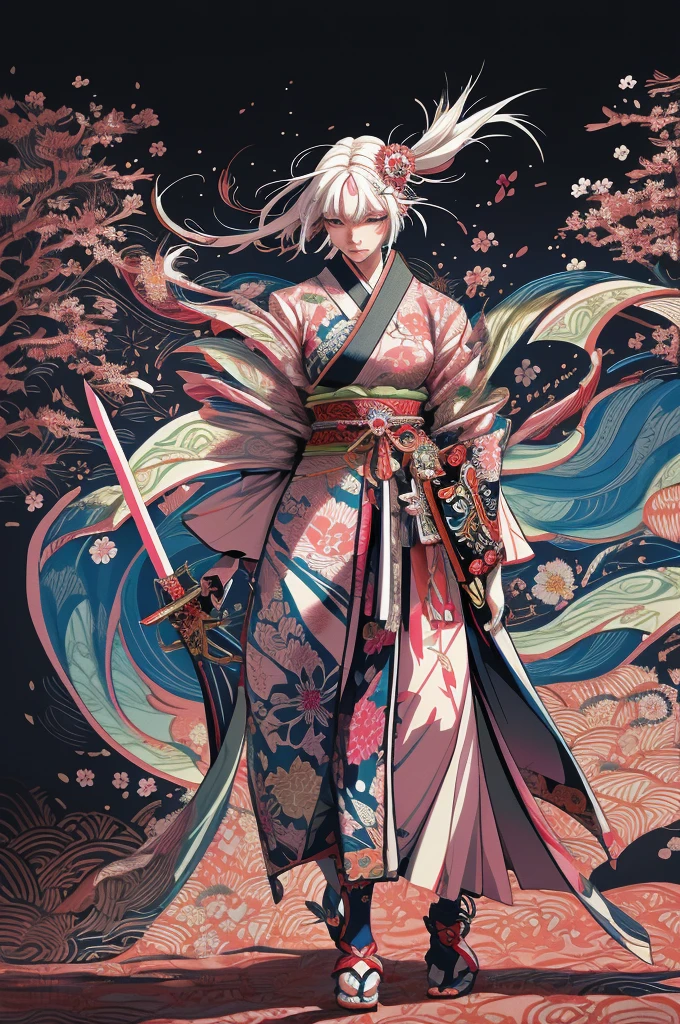 A vibrant and colorful illustration of an anime-style female samurai character with white hair, holding her sword in front of her face. She is wearing traditional Japanese adorned with floral patterns, a backdrop filled with colorful patterns representing ancient symbols and floral motifs. The background is richly detailed with geometric shapes that add depth to their figure's presence., creating a whimsical atmosphere. The background features bold colors and intricate designs that add to the overall visual appeal. This artwork showcases vivid hues, intricate details on both attire and armor, capturing movement as she walks forward in the style of intricate details on both attire and armor, capturing movement as she walks forward, in the style of takato yamamoto ,