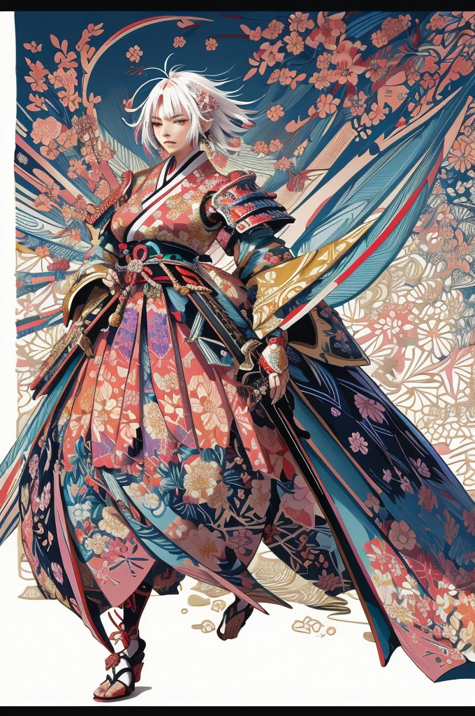 A vibrant and colorful illustration of an anime-style female samurai character with white hair, holding her sword in front of her face. She is wearing traditional Japanese adorned with floral patterns, a backdrop filled with colorful patterns representing ancient symbols and floral motifs. The background is richly detailed with geometric shapes that add depth to their figure's presence., creating a whimsical atmosphere. The background features bold colors and intricate designs that add to the overall visual appeal. This artwork showcases vivid hues, intricate details on both attire and armor, capturing movement as she walks forward in the style of intricate details on both attire and armor, capturing movement as she walks forward,  in the style of  takato yamamoto    , 