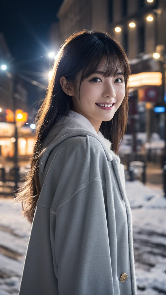 One Girl, (Wear a platinum coat:1.2), (RAW Photos, Highest quality), (Realistic, Photorealistic:1.4), Tabletop, Very delicate and beautiful, Very detailed, 2k wallpaper, wonderful, In detail, Very detailedな CG Unity 8K 壁紙, Very detailedな, High resolution, Soft Light, Beautiful detailed girl, Very detailedな目と顔, Beautifully detailed nose, Beautiful fine details, Cinema Lighting, Illuminations that light up the city on a snowy night, Snow Scene, It's snowing, Snow in the hair, Perfect Anatomy, Slender body, Was nervous,
Straight semi-long hair, bangs, View your viewers, smile