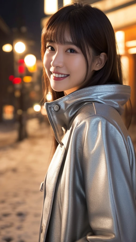 One Girl, (Wear a platinum coat:1.2), (RAW Photos, Highest quality), (Realistic, Photorealistic:1.4), Tabletop, Very delicate and beautiful, Very detailed, 2k wallpaper, wonderful, In detail, Very detailedな CG Unity 8K 壁紙, Very detailedな, High resolution, Soft Light, Beautiful detailed girl, Very detailedな目と顔, Beautifully detailed nose, Beautiful fine details, Cinema Lighting, Illuminations that light up the city on a snowy night, Snow Scene, It&#39;s snowing, Snow in the hair, Perfect Anatomy, Slender body, Was nervous, 
Straight semi-long hair, bangs, View your viewers, smile